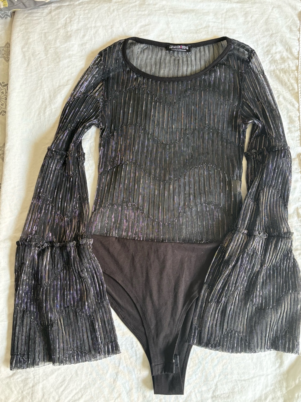 Black Sheer Long-Sleeve Bodysuit with Metallic Stripe